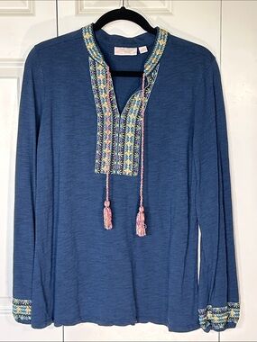 Belle by Kim Gravel Blue Tunic Top with Multicolor Embroidered Trim